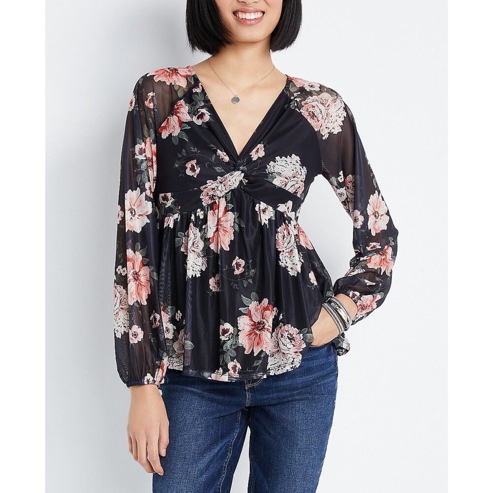 Maurices Blouse Womens M Multi Floral Peasant V Neck Mesh Boho Hippie Top Fairy